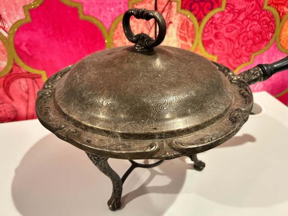 Vintage Ornate Silver Plated Chafing Dish with Wood Handle and Stand